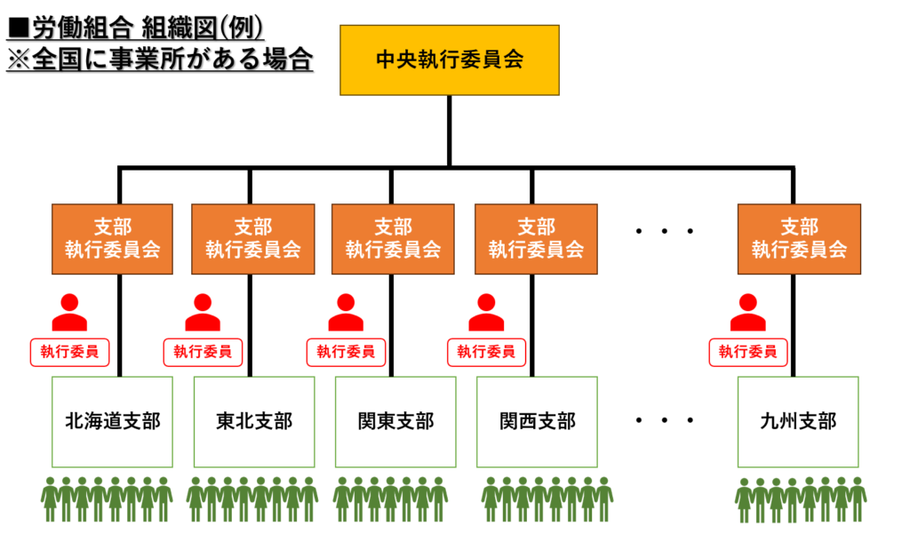 全国に支部がある場合の労働組合の組織図例（ピラミッド図）